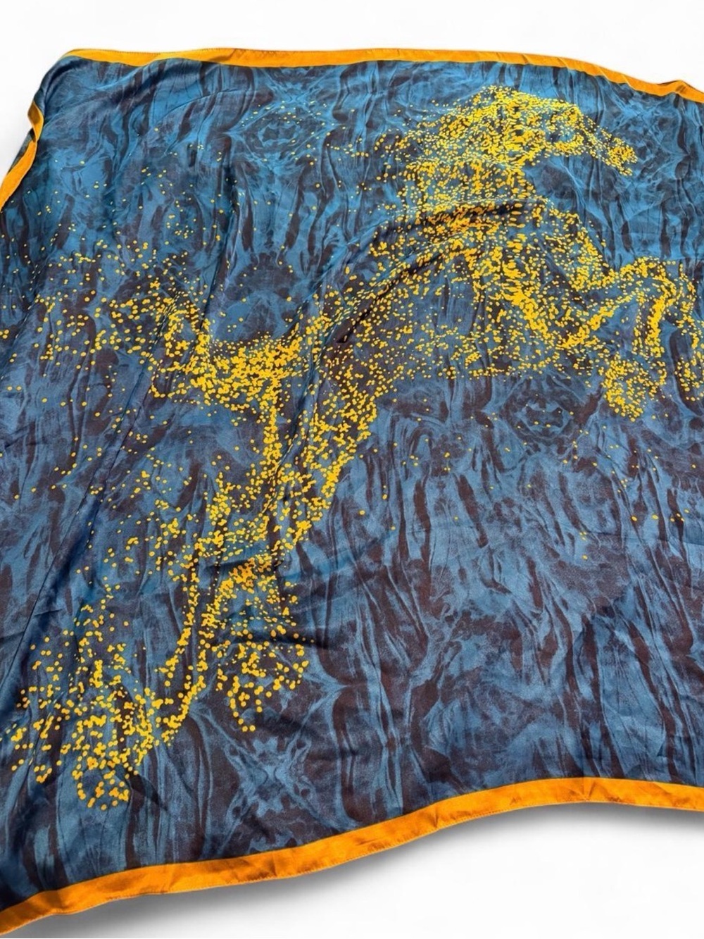 Large 40in x 40in Blue & yellow scarf with yellow speckled horse design